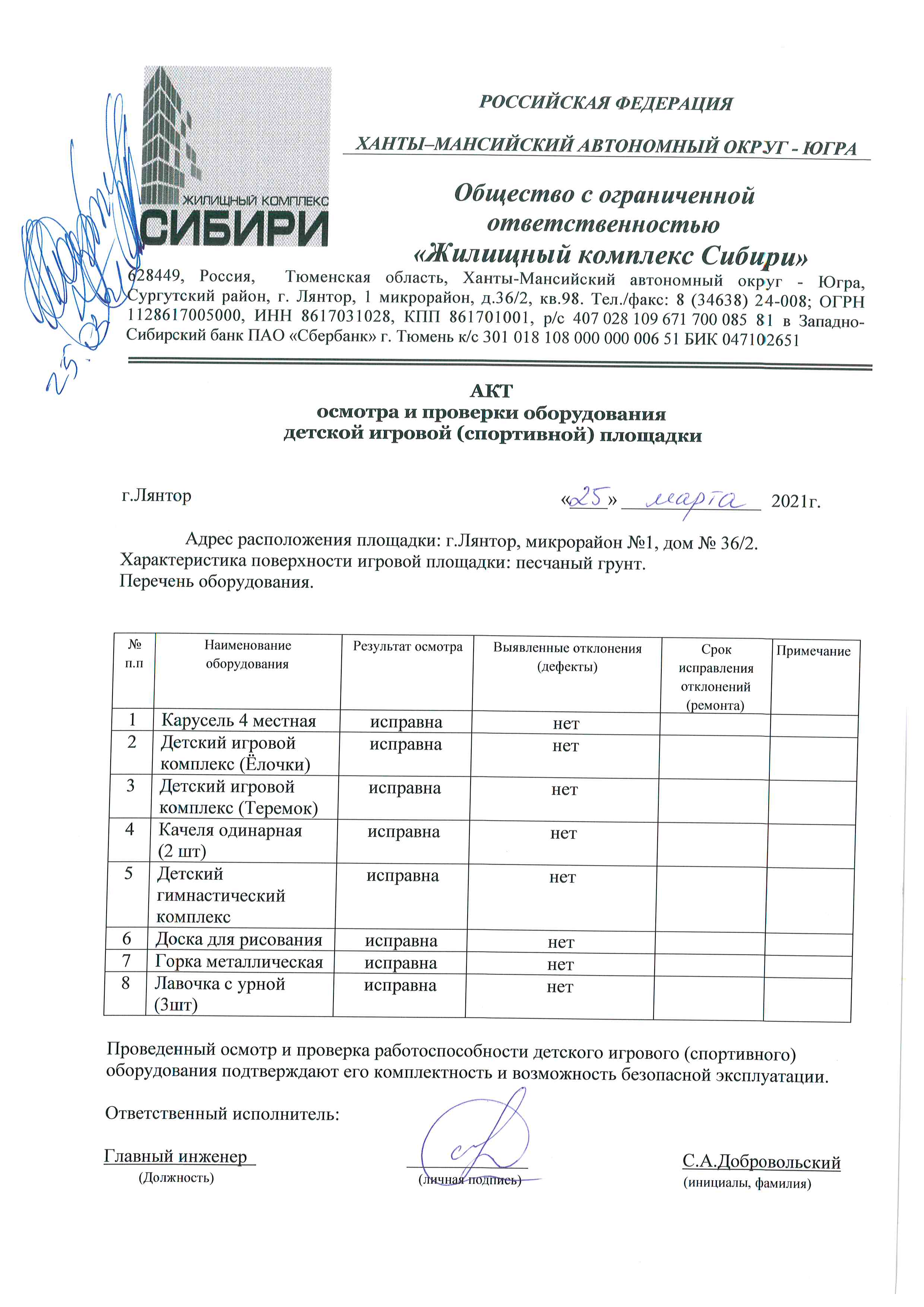 Акты осмотра и проверки оборудования детских игровых площадок от 25.03.2021