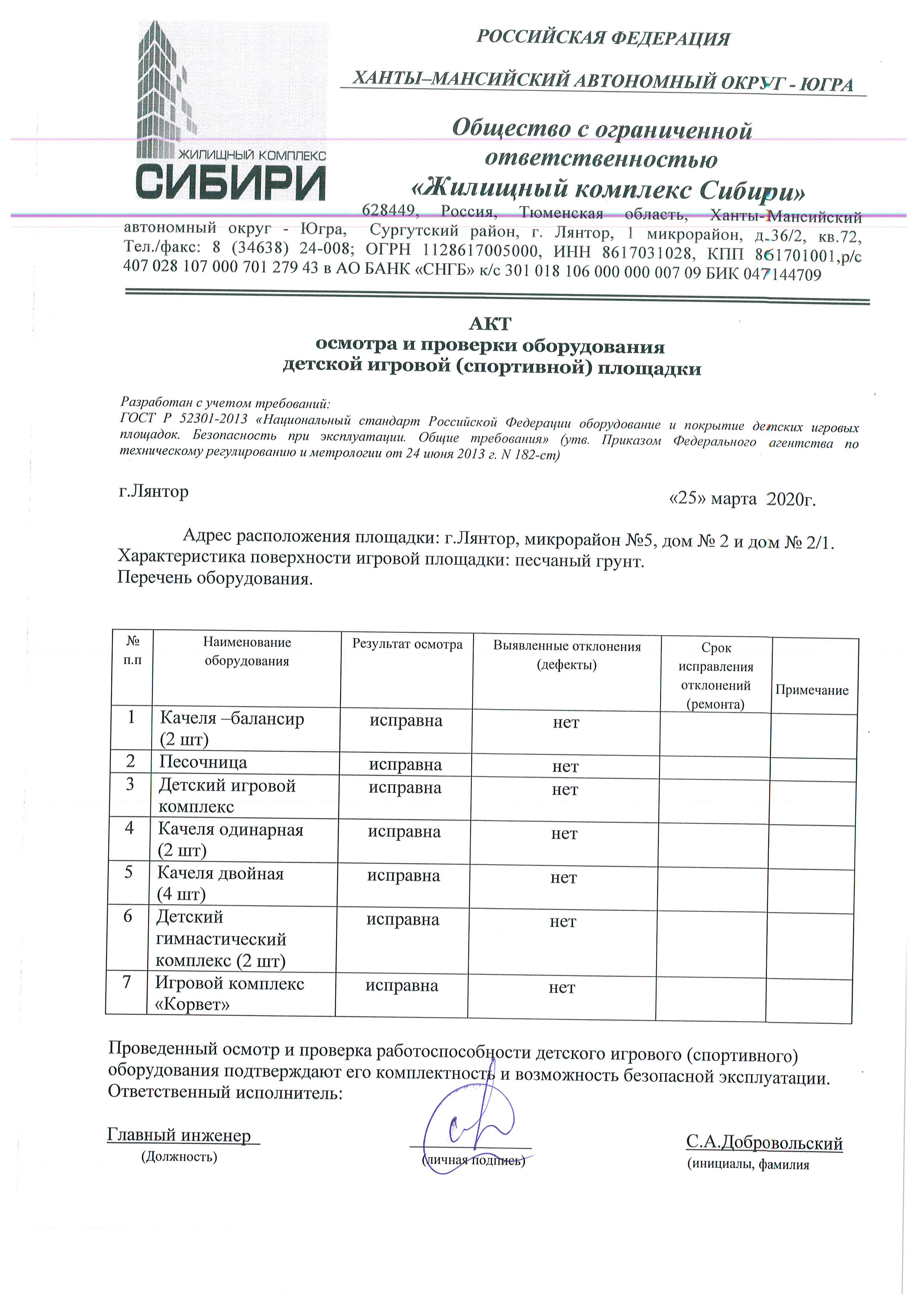 Акт осмотра и проверки оборудования детской игровой (спортивной) площадки Март  2020