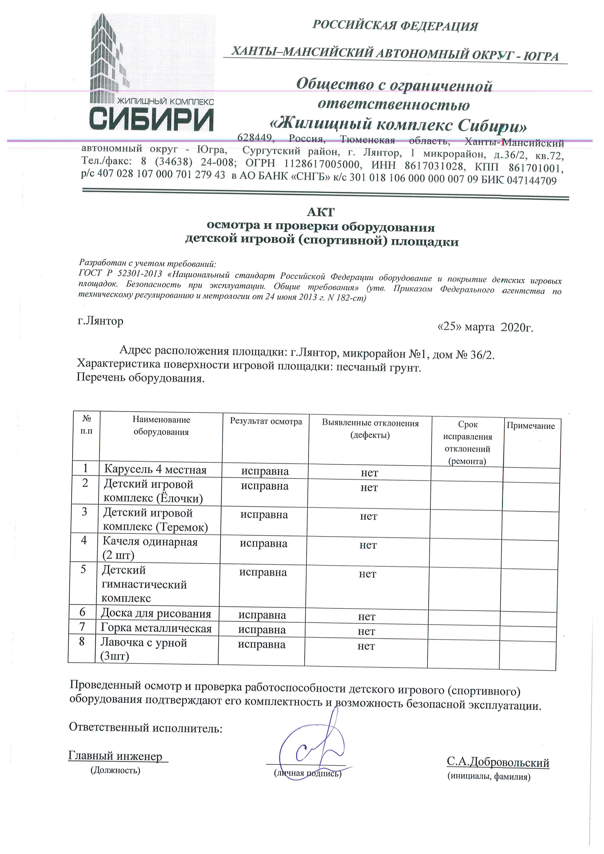Акт осмотра и проверки оборудования детской игровой (спортивной) площадки Март  2020