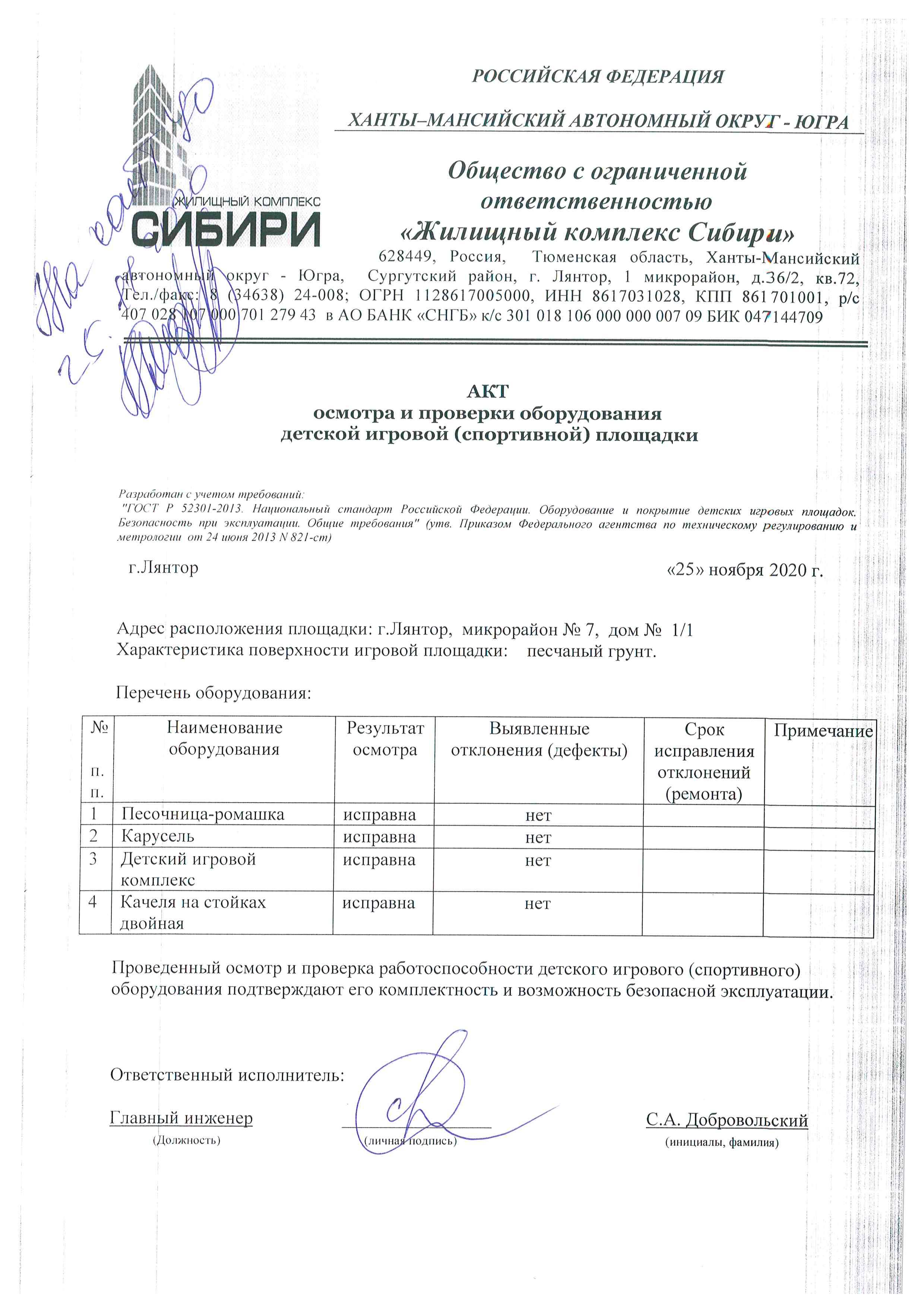 Акт осмотра и проверки оборудования детской игровой площадки в доу образец