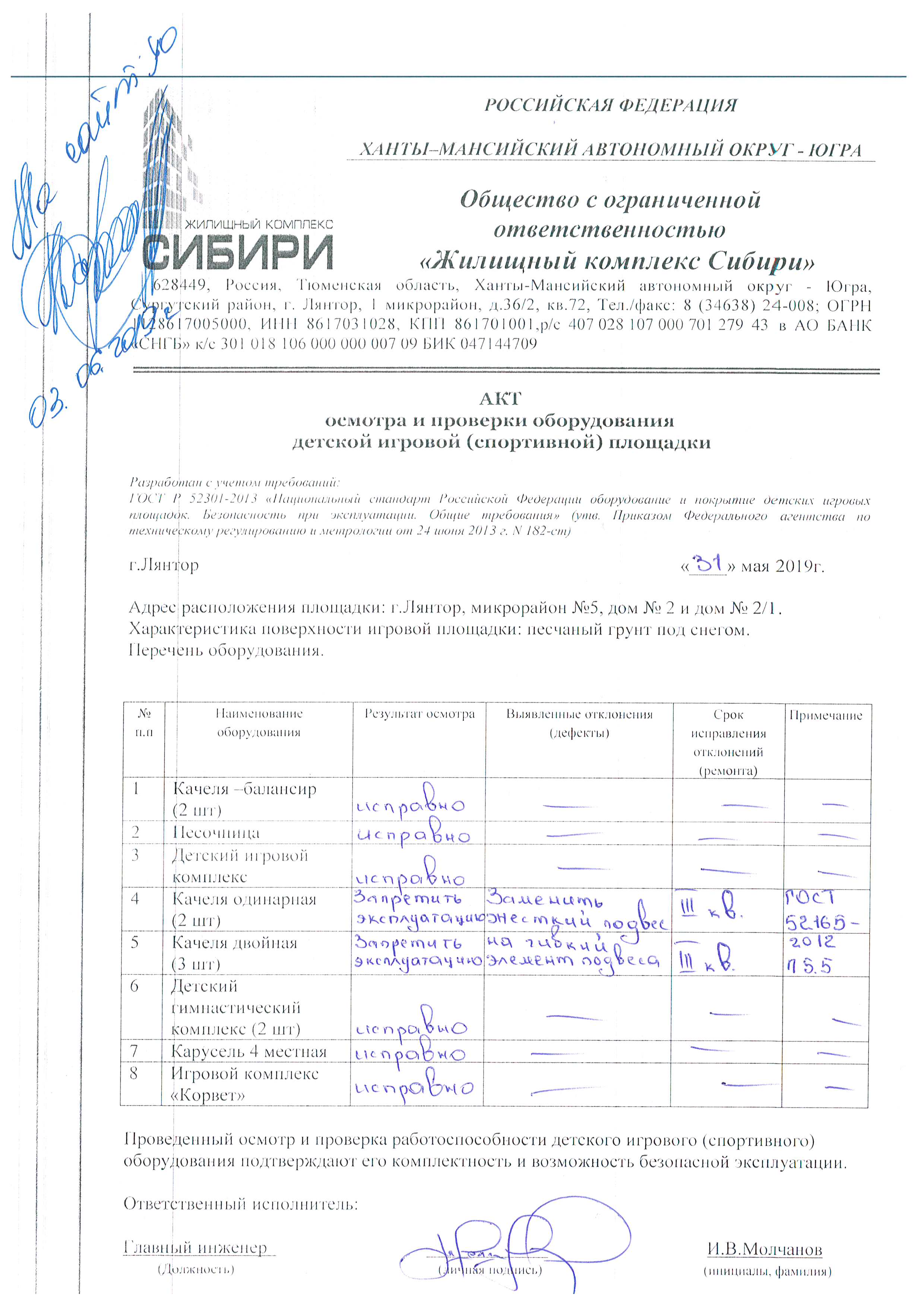 Акт осмотра и проверки оборудования детской игровой (спортивной) площадки  от 31.05.2019